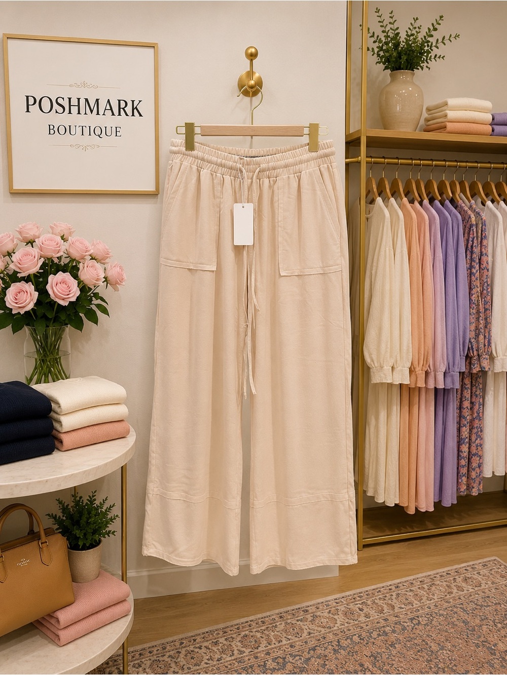 Heyson NWT Wide Leg Lounge Sweatpants Cream Exposed Seams Pockets Small & 3X